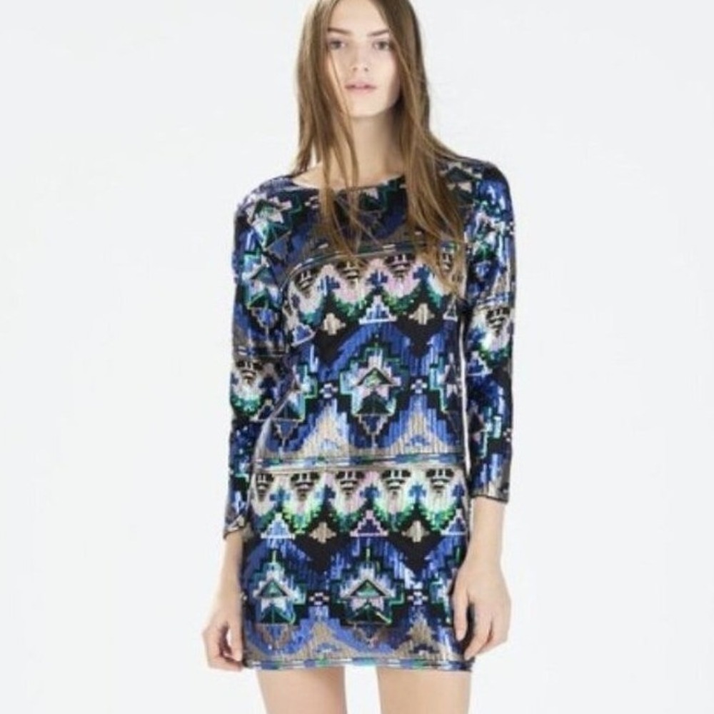 Zara‎ Sequined Embellished Long Sleeve Dress Size 8